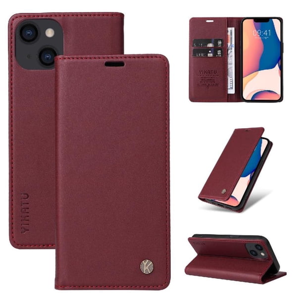 Funda Billetera de Cuero para iPhone 14 con Tarjetero y Soporte - Tapa Magnética Rojo