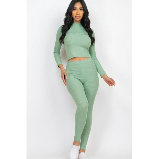 Conjunto de Top de Manga Larga y Leggings con Cuello Alto Acanalado