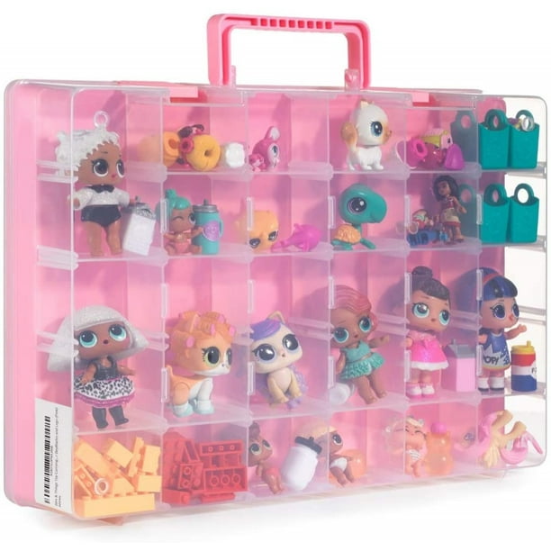 Organizador de almacenamiento de juguetes Bins & Things y vitrina compatible con muñecas LOL, Shopkins, criaturas de Calico y figuras LPS - Caja ajustable portátil con asa de transporte