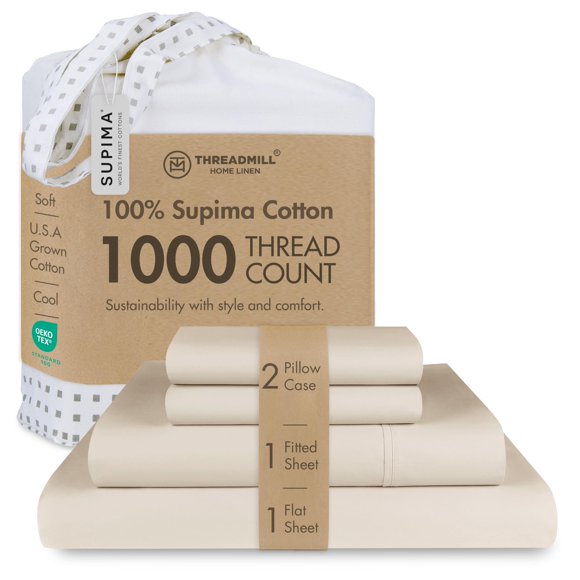 Threadmill Juego de Sábanas Queen de Algodón Supima 1000 Hilos, Satén, Beige