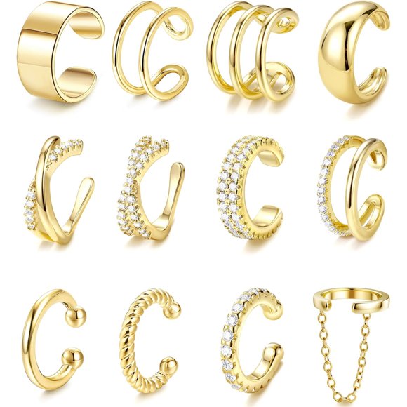 LOLIAS 12 Pcs Ear Cuffs Non Piercing 14K Gold Plated Ear Cuffs