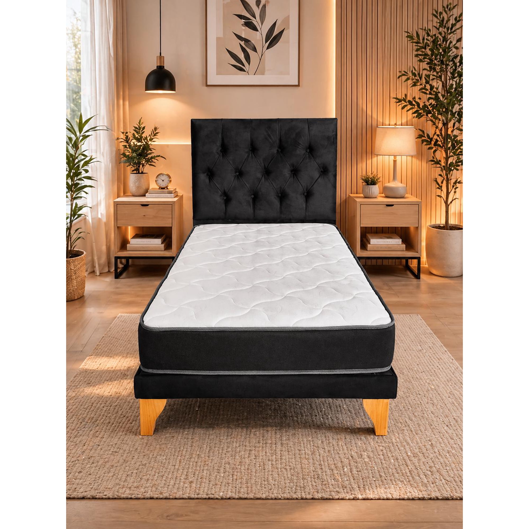 Genérico - Cama 1 Plaza Completa Box Europea Felpa Negra