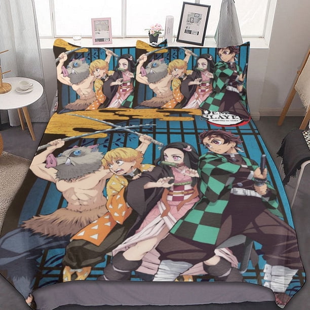 Demon Slayer 3-Piece Bedding Set Warm And Comfortable Soft Duvet Cover Bed Set for Boys Girls Kids Adult Bedroom All Season