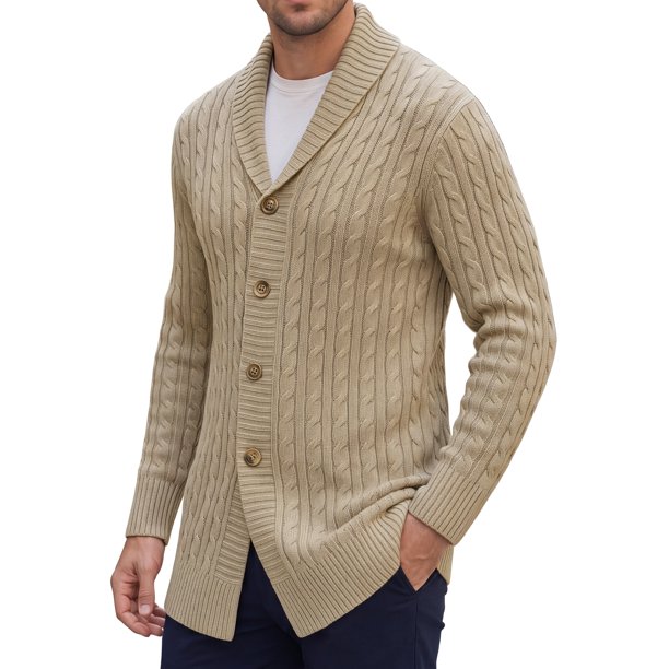 Cárdigan de punto largo con cuello chal y botones para hombre, textura trenzada, puños y dobladillo acanalados, XL Caqui