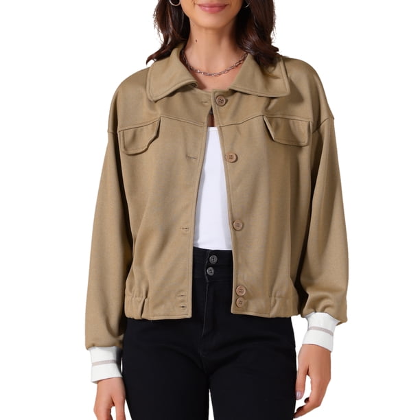 INSPIRE CHIC Chaqueta Corta para Mujer 2025 Otoño Casual Abotonada de Manga Larga XL Caqui