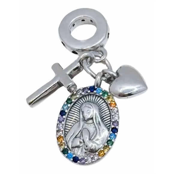 Charm Colgante Virgen María, Corazón Y Cruz Plata 925 Regalo Plateado