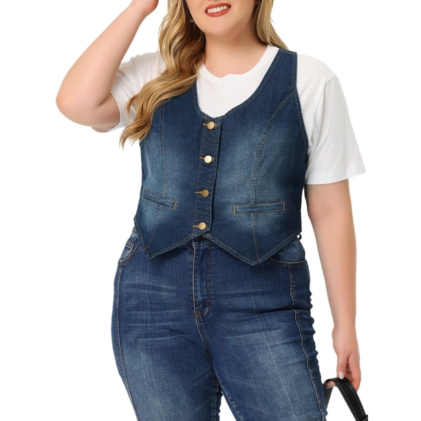 Agnes Orinda Chalecos de Mezclilla para Mujer de Talla Grande Tops Chaleco de Mezclilla con Botones Chaqueta Sin Mangas Casual 1X Azul