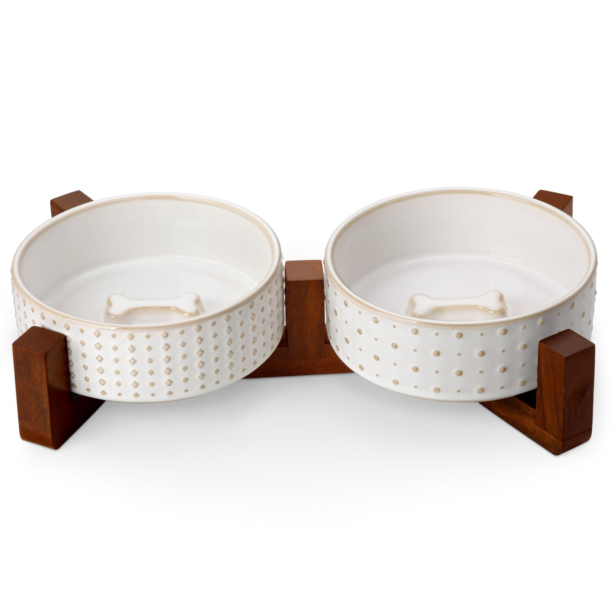 Juego De Comederos Para Perro Malacasa Con Soporte De Madera De Nogal Y 1,5 Tazas, Cerámica