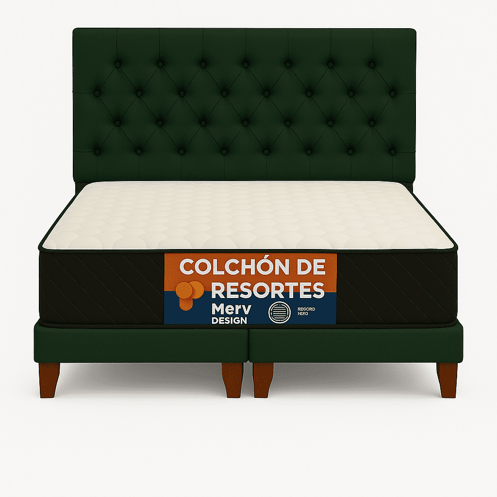 Ethan Desing - Cama 2 Plaza Capitoné + Respaldo 2p Capitone Verde + Colchón 2p Mery Desing