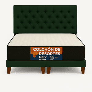 Ethan Desing - Cama 2 Plaza Capitoné + Respaldo 2P Capitone Verde + Colchón 2P Mery Desing