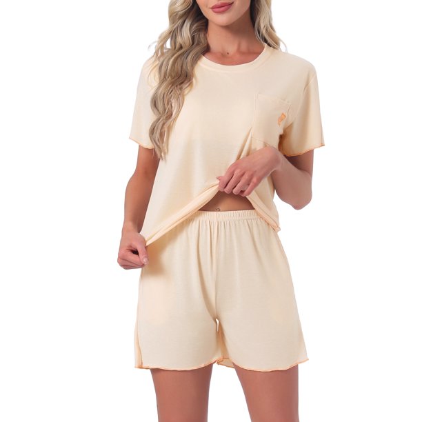 INSPIRE CHIC Conjunto de Pijama para Mujer con Manga Corta, Top con Sujetador Incorporado y Pantalones Cortos, Ropa de Dormir Cómoda con Bolsillos L Beige