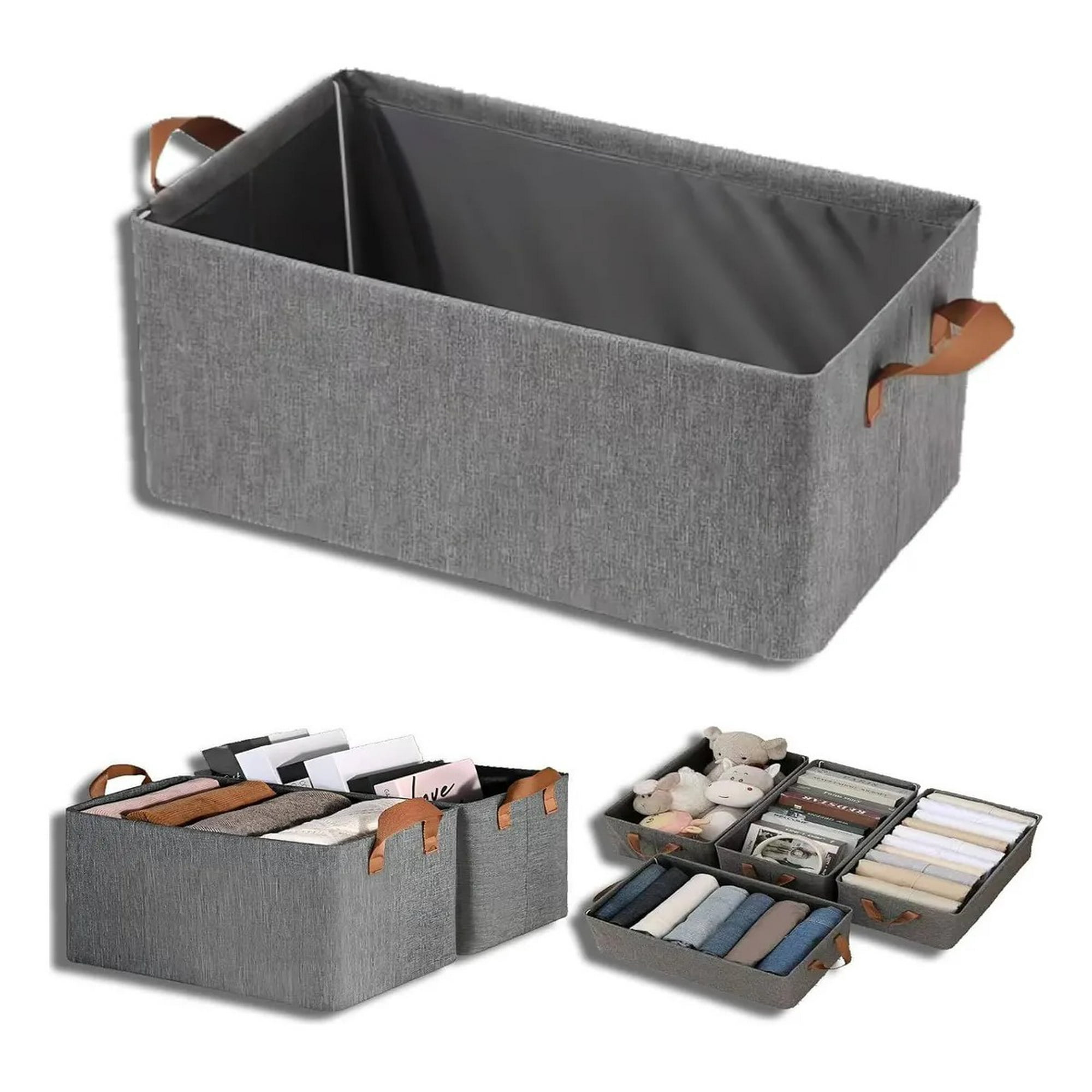 Genérica - 3 X Bolsas Organizador Ropa Caja Plegable Asa Almacenamiento Gris Oscuro Liso