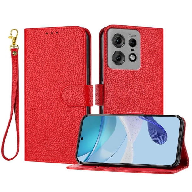 Funda Cartera para Motorola Moto Edge 50 Pro Tarjetero Soporte Magnético y Correa Rojo