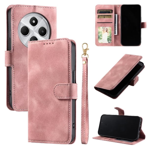 Funda Cartera para Xiaomi Redmi 14R Tapa con Ranuras, Soporte y Correa Rosa