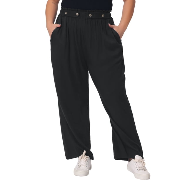 Pantalones Palazzo de Talla Grande para Mujer de Agnes Orinda, Cintura Alta Elástica, Pierna Ancha con Bolsillo 1X Negro
