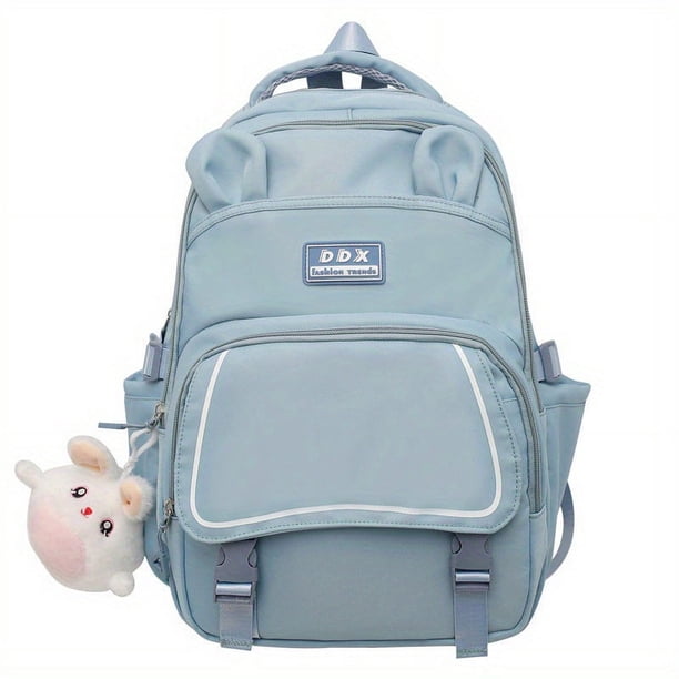 1pc Girls Primary School Junior High School Students Schoolabg, Fashion Double Shoulder Bag, Large-capacity Multi-pocket Simple Solid Color Trendy Backpack, Cute Rabbit Ears Shape Backpack With Cute R