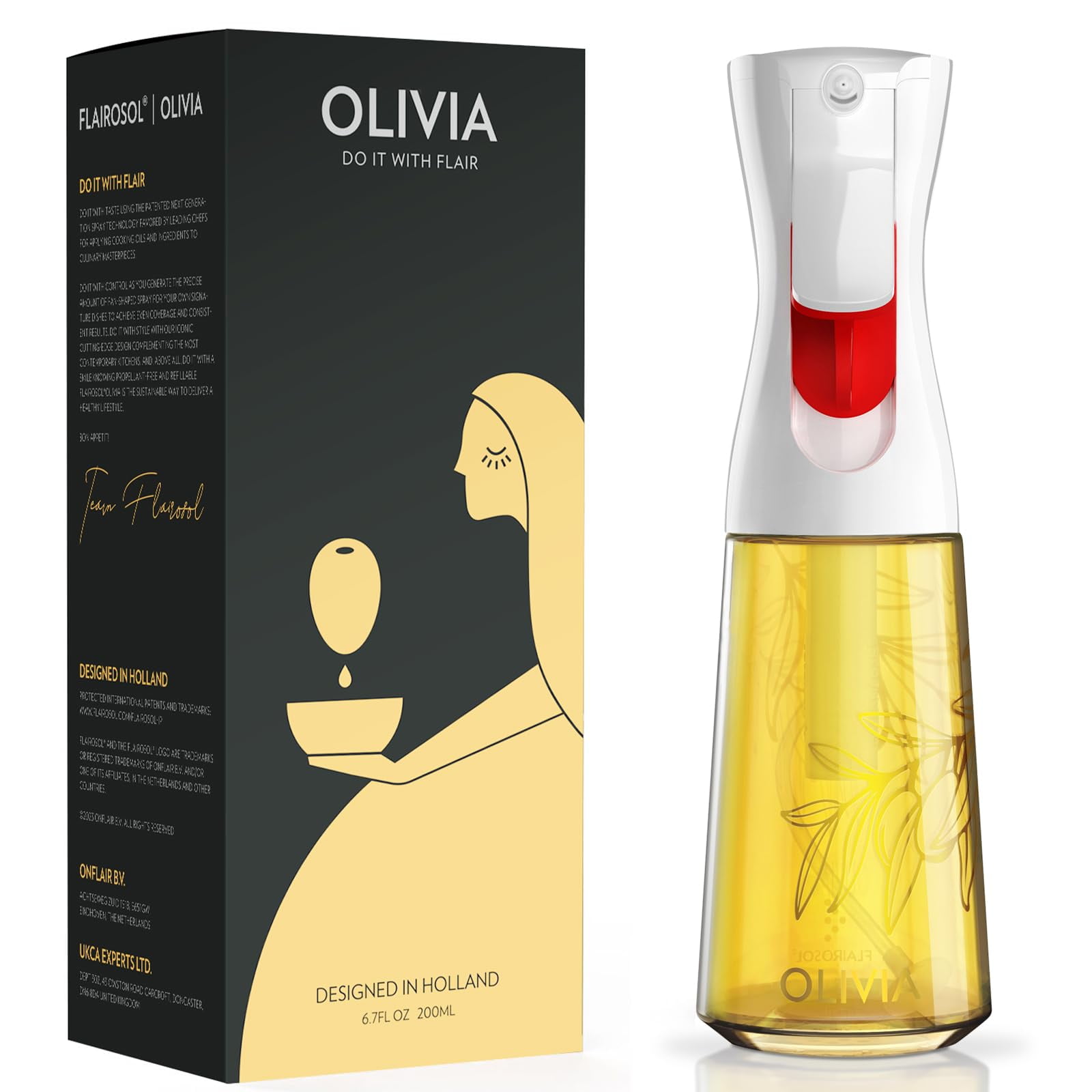 Pulverizador De Aceite Flairosol Olivia, 200 Ml, Aceite De Oliva De Vidrio Dorado