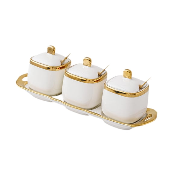 Tarros De Especias De Cerámica Elegante Organizador De Cocina Con Bandeja De Almacenamiento Para El Hogar Dorado