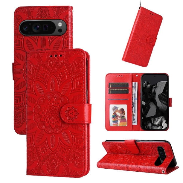 Funda tipo cartera FOXDOCK para Google Pixel 9 Pro XL , diseño girasol en relieve, cuero PU, cierre magnético, soporte y tarjetero