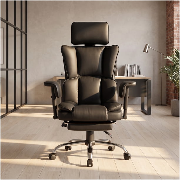 Silla Oficina Ejecutiva Ergonómica Reclinable Con Reposapiés Negro Cuero Sintético