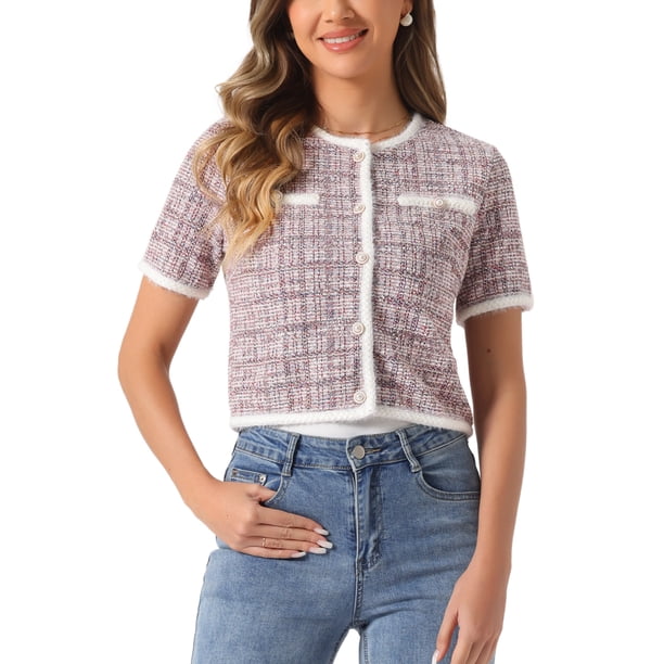 INSPIRE CHIC Chaqueta de punto de tweed para mujer de regreso a clases, manga corta, cuello redondo, cárdigan corto, rosa M