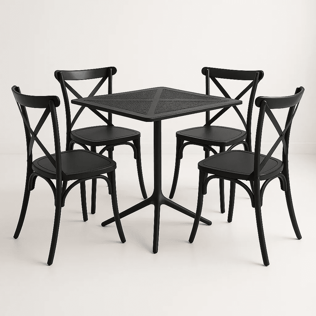 Klik Muebles - Mesa Restaurant 80x80 Polipropileno + 4 Sillas Crossback Danubio - Negra