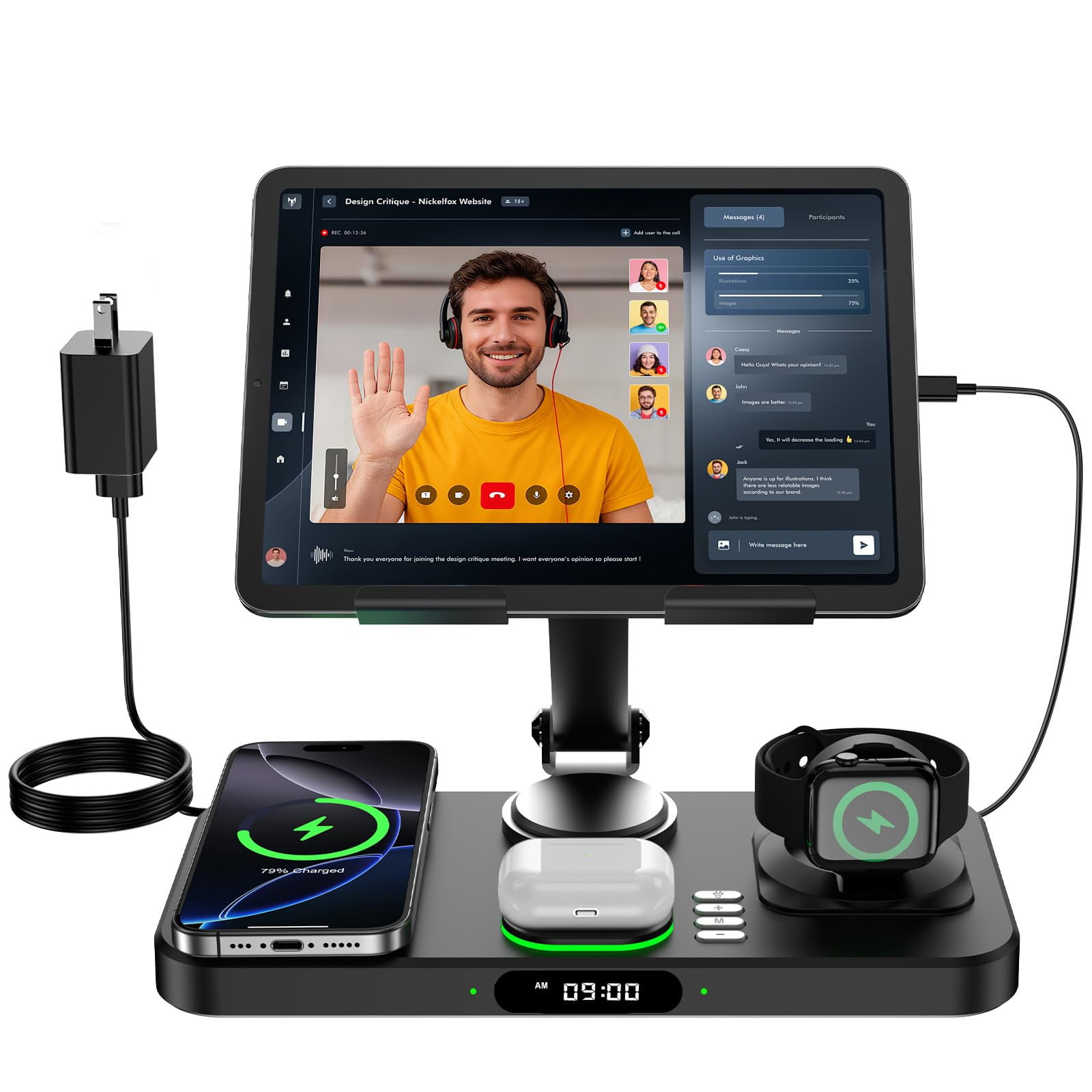 Cargador Inalámbrico Opinta 6 En 1 Para Apple Con Reloj Y Luz