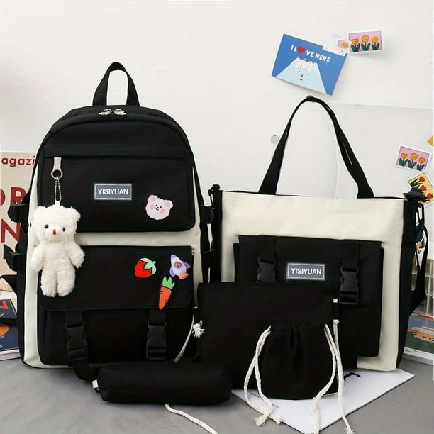 Cute & Stylish Large Capacity Backpack with Bear Pendant, Handbag, Shoulder Bag & Pencil Bag
