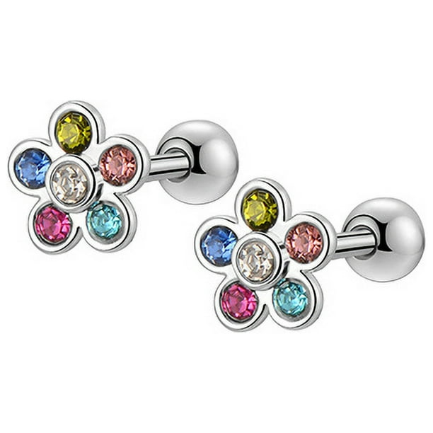 Rainbow Flower Heart Screw Back Earrings for Women - Hypoallergenic and Comfortable Cartilage Earrings with Dangling Design