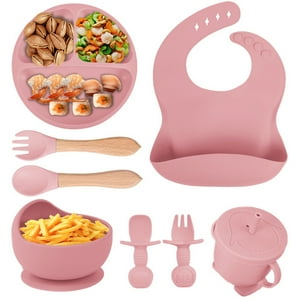 Veat00L - Vajilla Para Bebés De Silicona, Juego De 8 Suplementos Para Bebés, Vajilla Para Bebés Con Ventosas, Babero Ajustable, Sin Bpa, Seguridad Alimentaria, Muy Adecuada Para Regalos Para Bebés