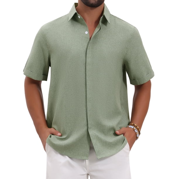 INSPIRE CHIC Camisa de Lino de Manga Corta para Hombre Inspirada en el Verano con Botones S Verde Claro