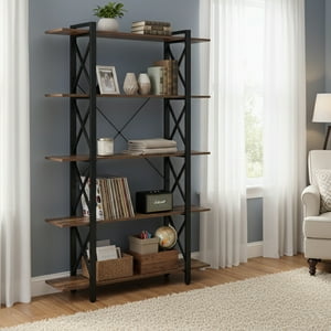 Joytek - Estante De Metal Y Madera 5 Niveles 120X28.5X182 Cm Nogal Oscuro