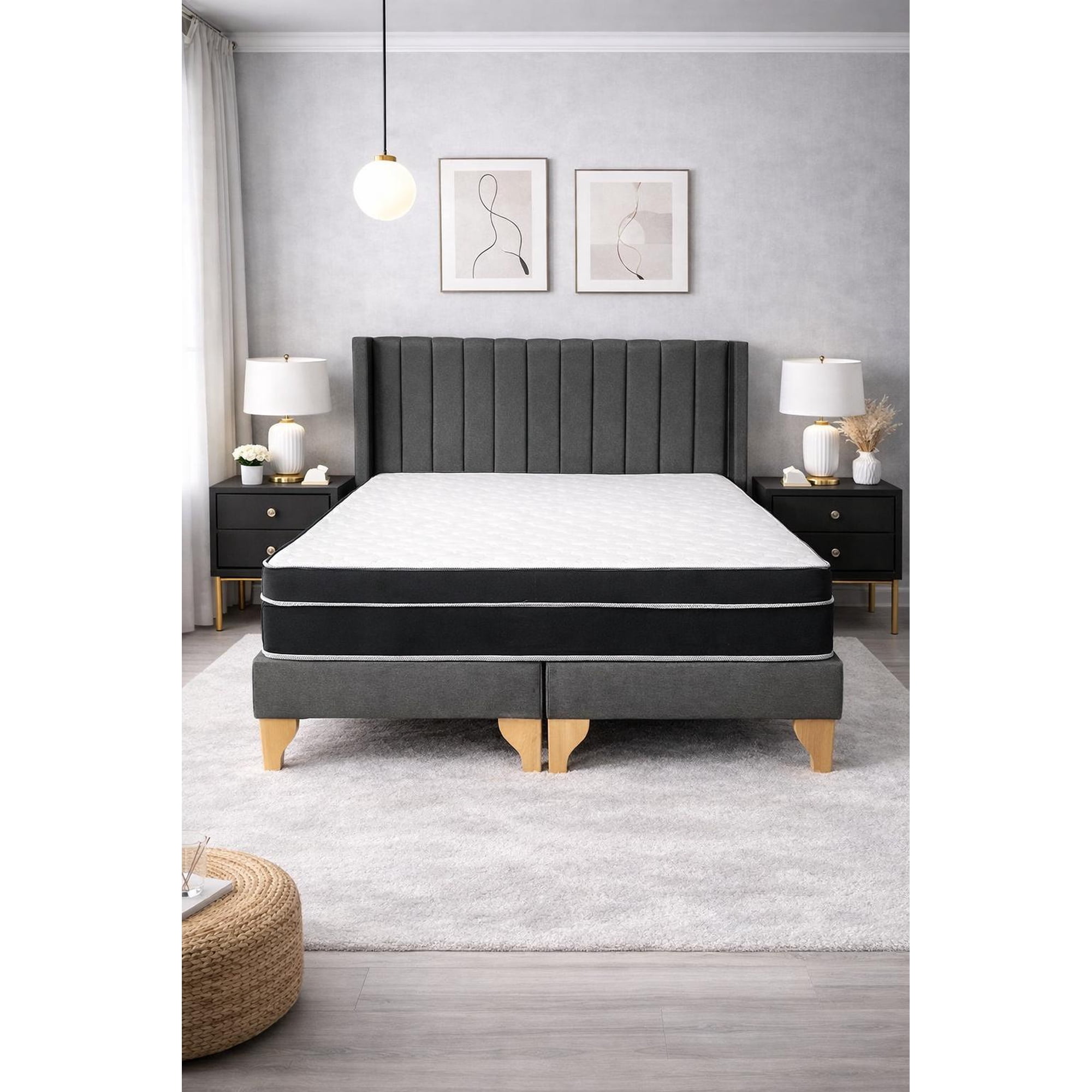 Genérico - Cama Europea 2 Plazas Colchón Pillow Top Respaldo Lineal Gris Base Dividida