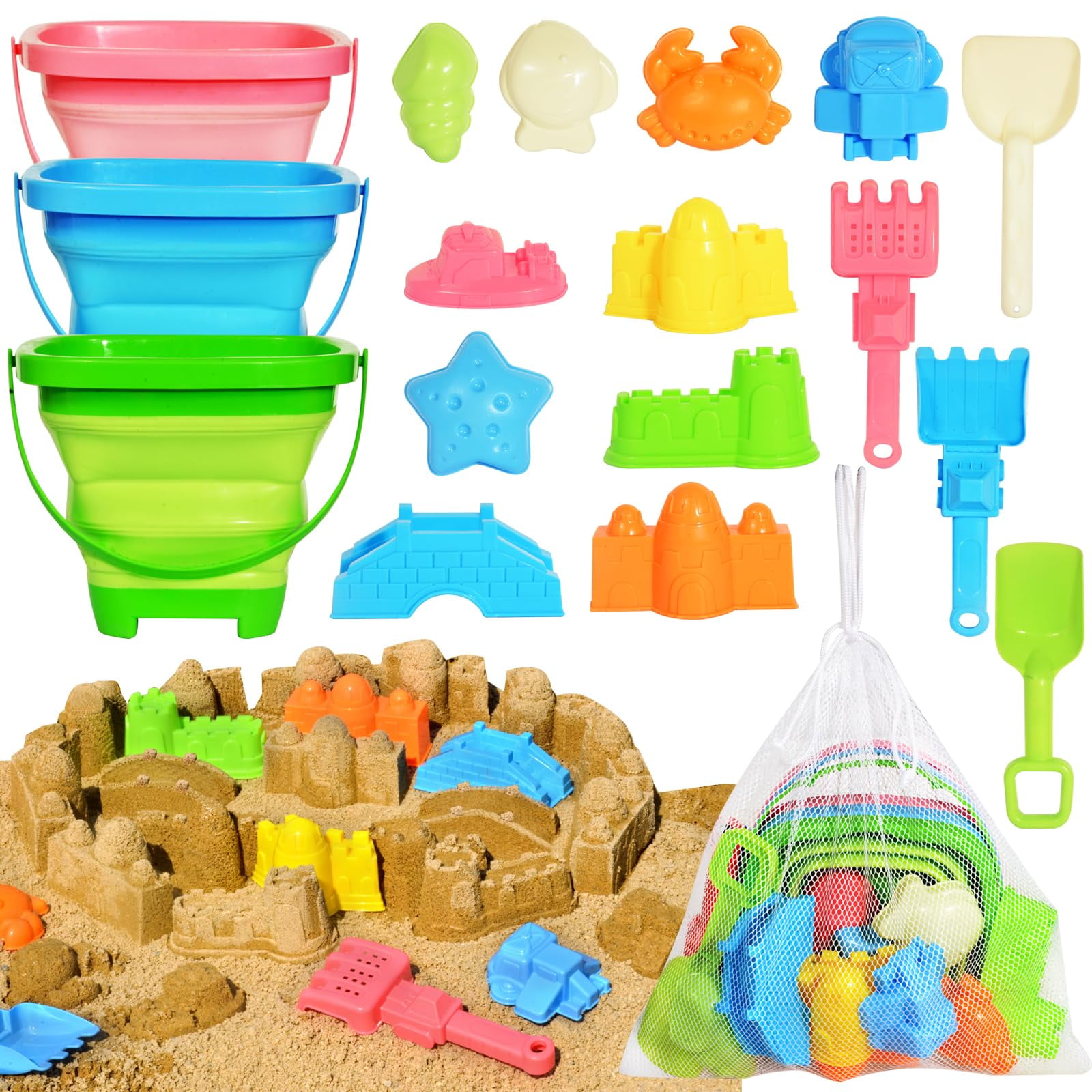 Beach Sand Toys Pubublle, Plegable, Para Niños, Con 3 Cubos