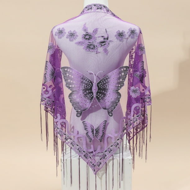 29.5"×55.1" Triangle Scarf Butterfly Flower Embroidery Lace Tassel Shawl Elegant Breathable Windproof Wrap Outdoor Accessories