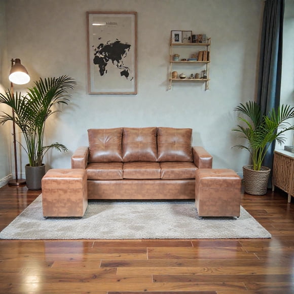 Living Emanuel 3 Cuerpos Y 2 Poufs - Cuero Sintético Pu Caramelo