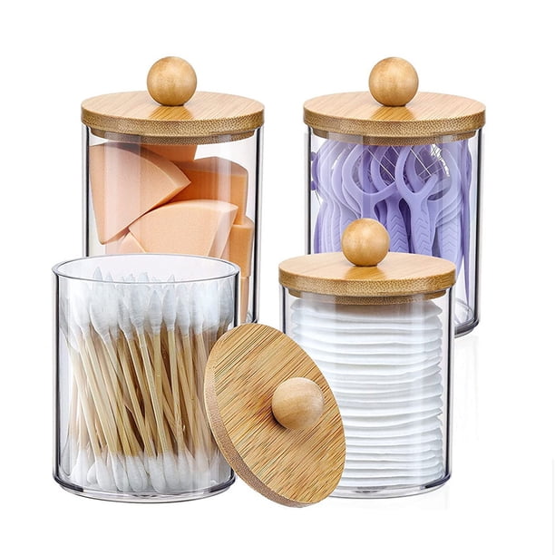 4pcs Bamboo Lid Apothecary Jar Set - Clear Storage Containers for Cotton Swab, Ball, Pads, Floss - Vanity Makeup Organizer for Bathroom Accessories