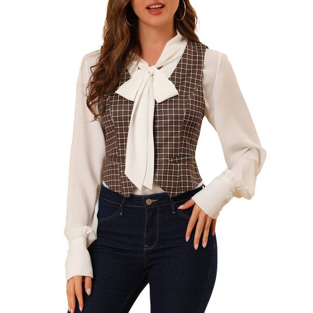 INSPIRE CHIC Chaqueta sin mangas a cuadros elástica asimétrica con botones y cintura fruncida en V para mujer XL Marrón