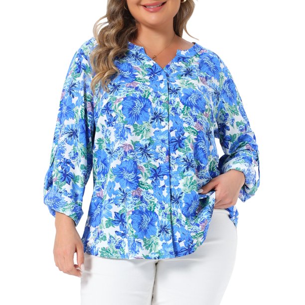 Agnes Orinda Camisas Florales de Talla Grande para Mujer con Cuello en V con Muesca, Mangas Largas Enrollables, Botones Abajo, Blusas Casuales 3X Azul