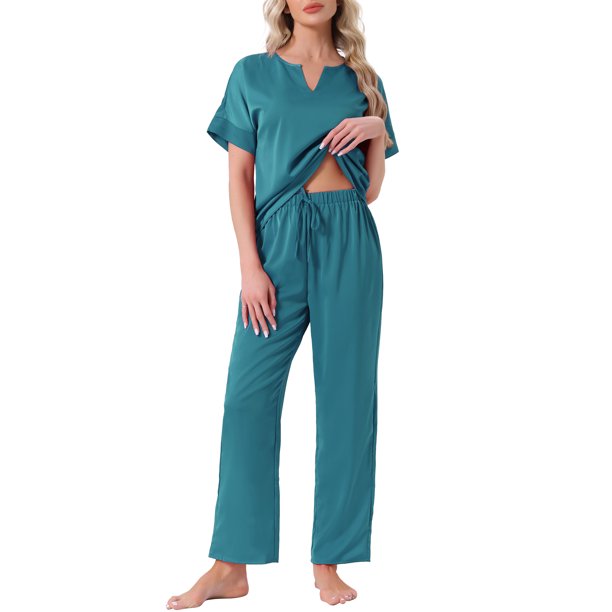 INSPIRE CHIC Pijamas de Satén para Mujer Camiseta de Manga Corta con Cuello en V y Pantalón Largo Conjunto de Ropa de Dormir Suave S Verde Pavo Real