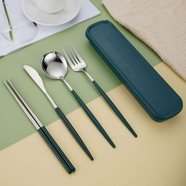 5pcs/set, Cutlery, Coffee Spoon, Salad Fork, Steak Knife, Milk Spoon, Salad Fork, Meal Knife, Portable Chopsticks, Washable Dessert Spoon, Stainless Steel Flatware With Storage Box, Tableware For Rest