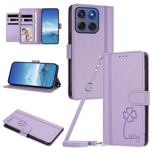 Funda Cartera Trébol para Motorola Edge 2025 5G con Ranuras Tarjetas y Carga Inalámbrica Morado claro