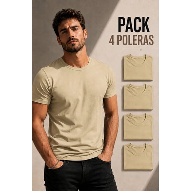 Pack 4 Poleras Basicas Cuello Redondo 100% Algodon 200g Beige M Lisa