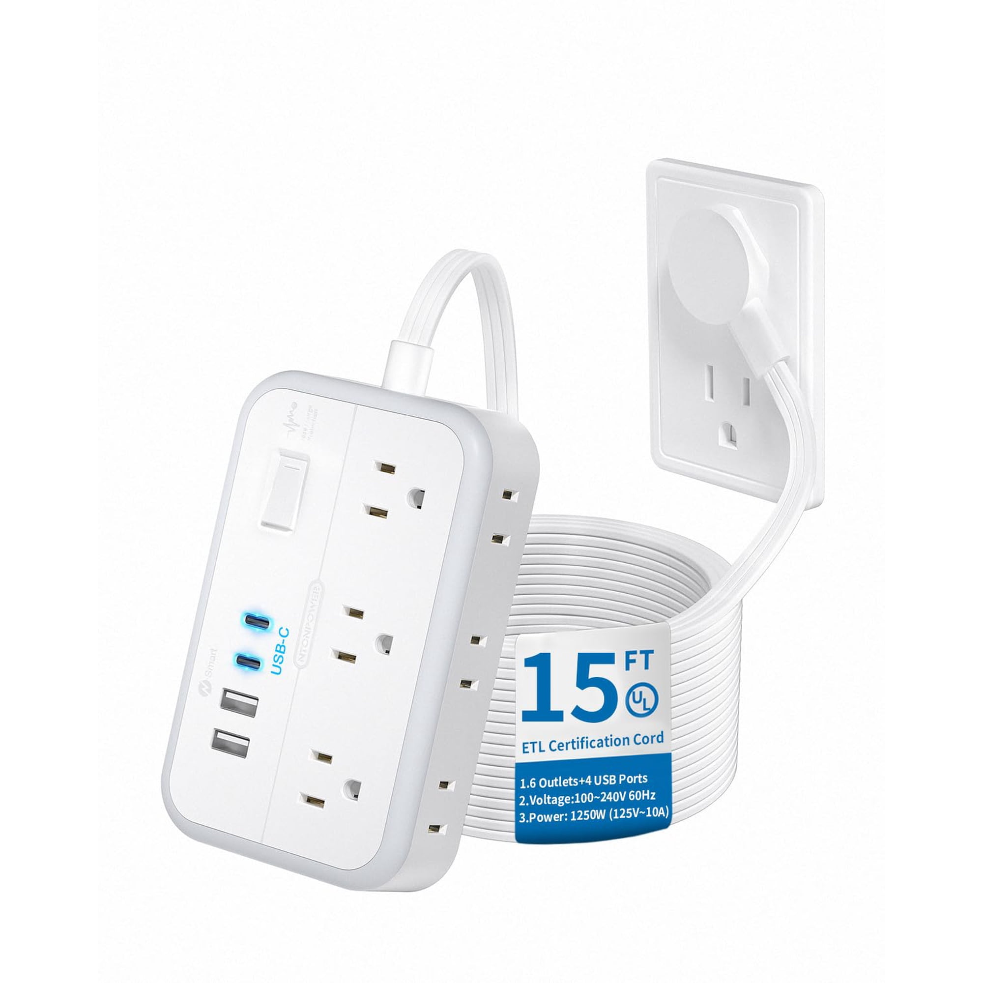 Extensión Eléctrica Ntonpower Con Protector Contra Sobretensiones De 15 Pies Y 6 Tomas