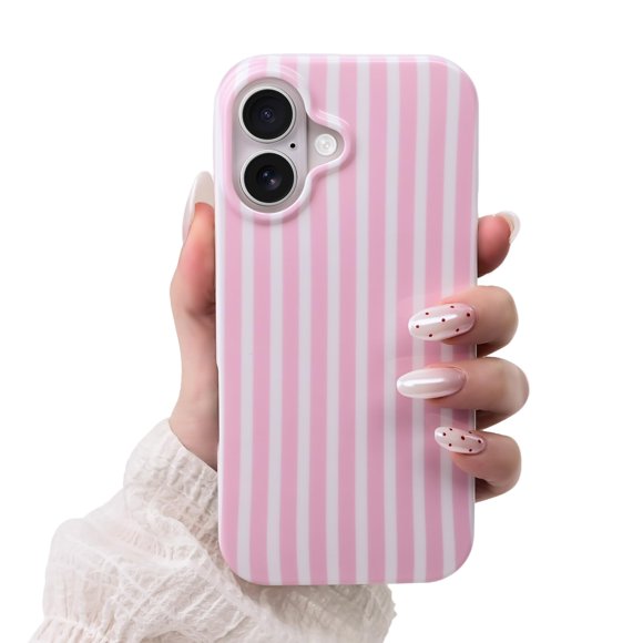Funda SleekCover para iPhone 16 de 6.1 pulgadas, rayas rosa y blanco
