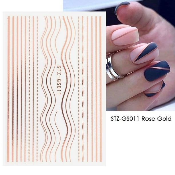 3D Simple Lines Nail Stickers Rose Gold Metal Stripe Letters Decals Curve Gel Nails Art Sliders Polish Manicure Decor