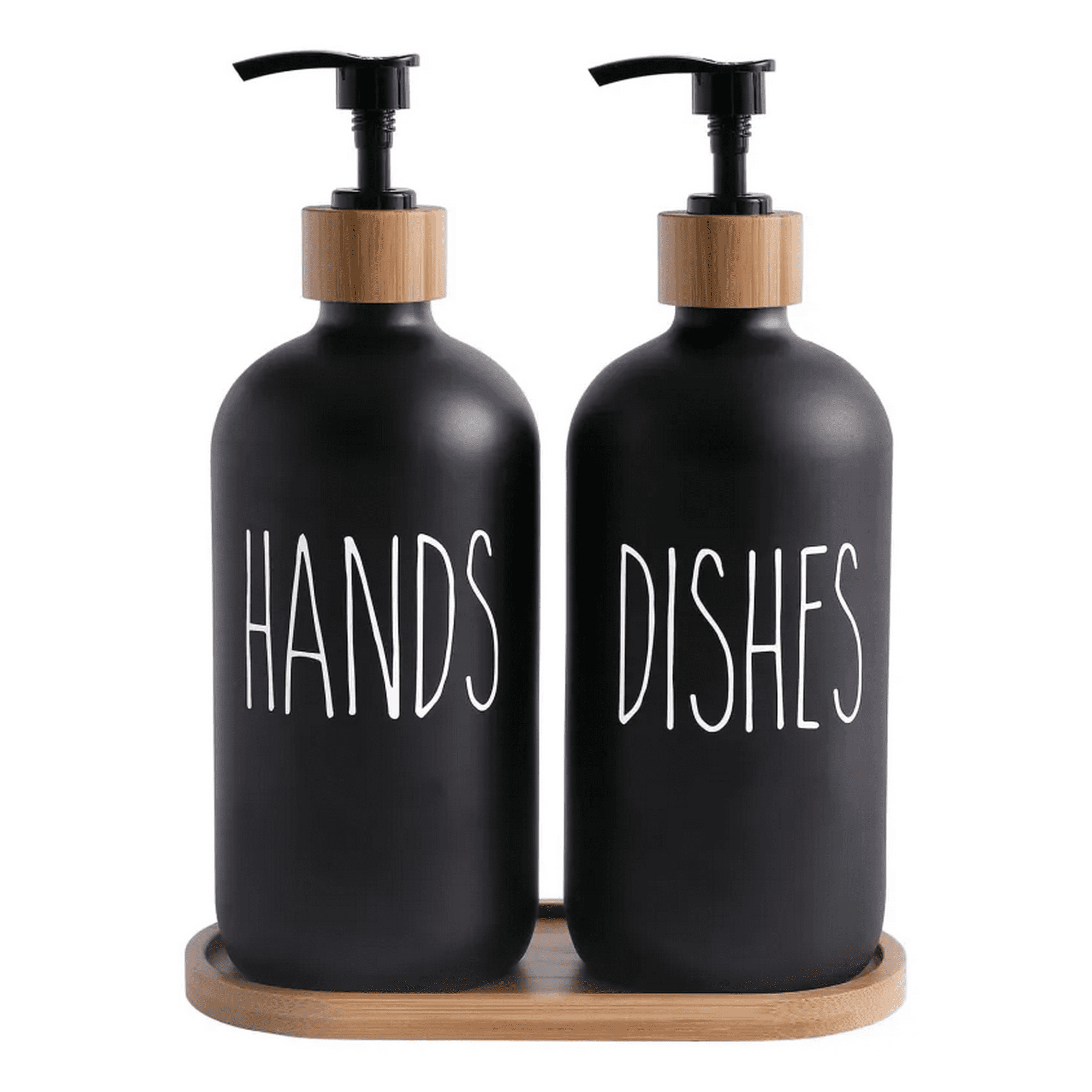 Genérico - Set 2 Dispensadores De Jabon Vidrio Con Bandeja De Bambu