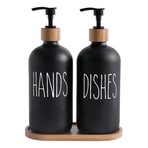 Genérico - Set 2 Dispensadores De Jabon Vidrio Con Bandeja De Bambu