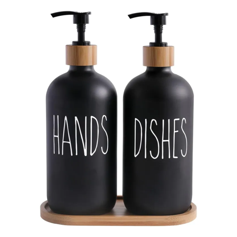 Genérico - Set 2 Dispensadores De Jabon Vidrio Con Bandeja De Bambu