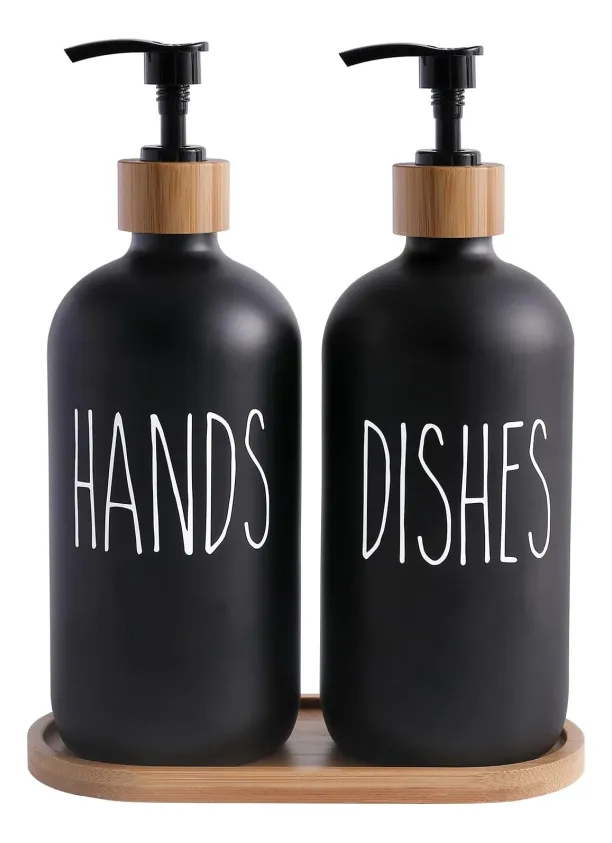 Genérico - Set 2 Dispensadores De Jabon Vidrio Con Bandeja De Bambu